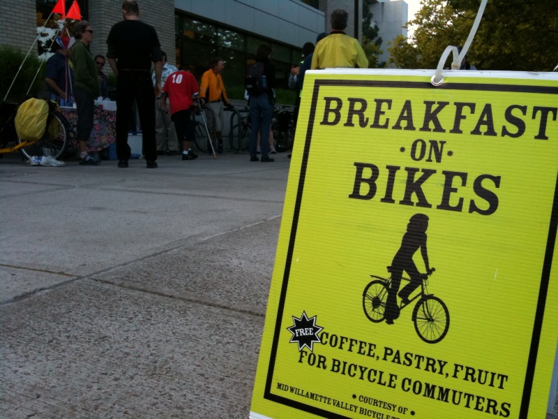 Bike commuters in Salem gathering for some breakfast near downtown.