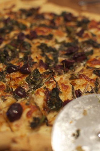 Hon Tsai Tai, Olive, Egyptian Walking Onion, Green Garlic & Mozzarella Pizza