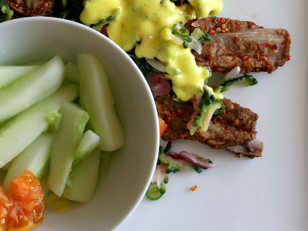 Steamed Spare-RIbs, with Sweet Tumeric cream + Cumber, with Wasabi/Vermouth dressing.