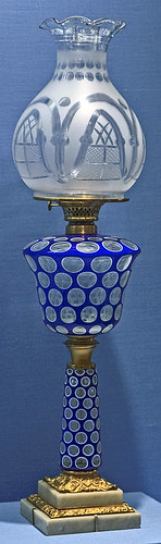 Lamp of glass, brass, and marble, "Overlay Lamp", by Boston and Sandwich Glass Company, American, 1865, at the Saint Louis Art Museum, in Saint Louis, Missouri, USA