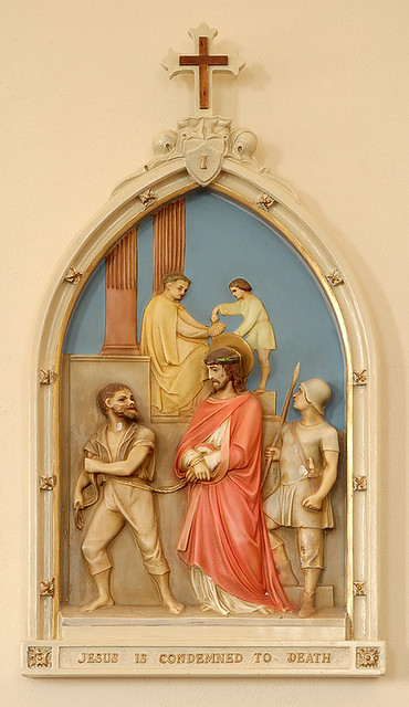 Saint Gertrude Roman Catholic Church, in Grantfork, Illinois, USA - First Station of the Cross - Jesus is condemned to death