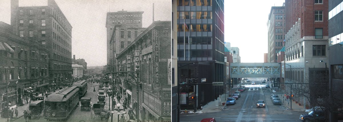 6th and Locust looking south, in 1911 and 2009.  Man, I cant believe we got rid of those trams!  Des Moines looked a lot more lively in a hundred years ago :(  Shopping still existed downtown, and there was even a cafe!