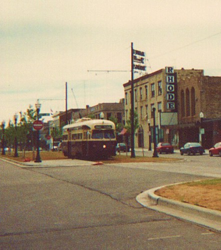 A former Toronto Transit Commision 1951 PCC electric streetcar heads east on 54th Street in downtown Kenosha Wisconsin. Saturday, June 17th 2000.