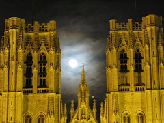 Brussels Cathedral towers and moon