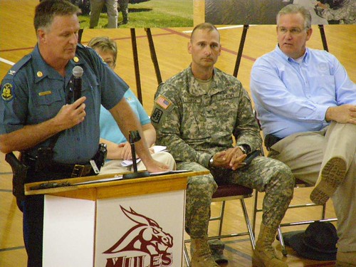 Colonel Ron Replogle with Missouri Highway Patrol, Colonel Glenn Hagler with Missouri National Guard and Governor Jay Nixon at the Poplar Bluff, MO. meeting 