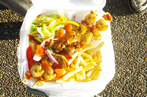 Long Island Cafe Seafood Skewers with chips and salad $11 by you.