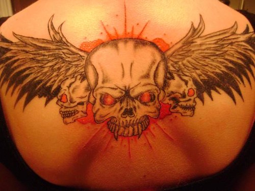 back piece tattoo. skulls ack piece tattoo by