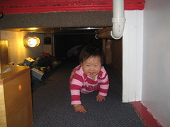 Aki crawling through the tunnel