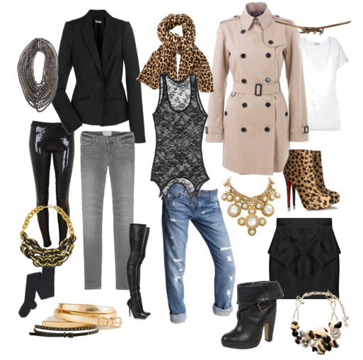 Fall-2009-Trends, leopard print, classic trench, gray skinny jeans, black blazer, buckle booties, tights, sequin leggings, chunky chokers, chains, rhinestones, 