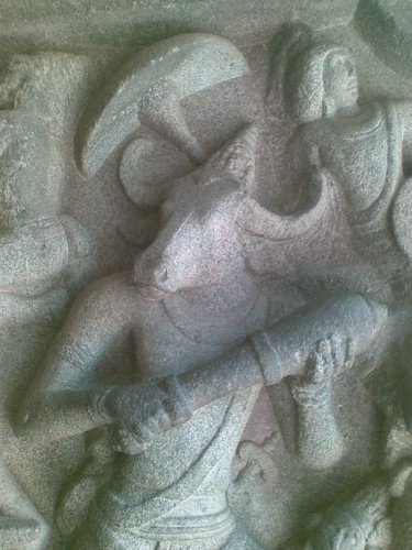 Mahishasura in close-up. Mahishasuramardini Mandapam, Mamallapuram