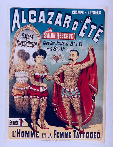 008- Affiche de propaganda del Alcazar de Verano anunciando el hombre y la mujer tatuados-siglo XIX