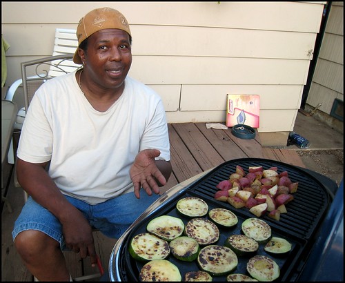 Apollo grilling zucchini and potatoes fresh from the garden