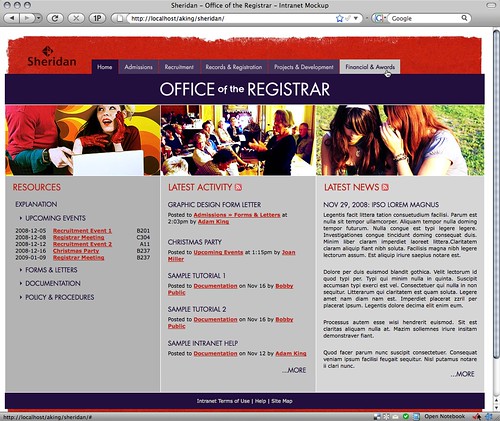 Mockup done for Sheridan College's Office of the Registrar intranet. Watch a video of the mockup being used at aking.ca/sheridan/video.html (Quicktime)