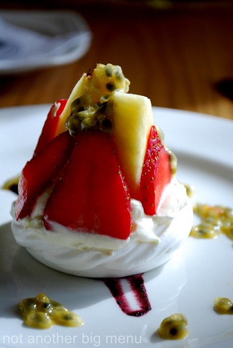 Bailbrook House Restaurant - Pavlova with strawberries, kiwi and mango, blackcurrant sauce