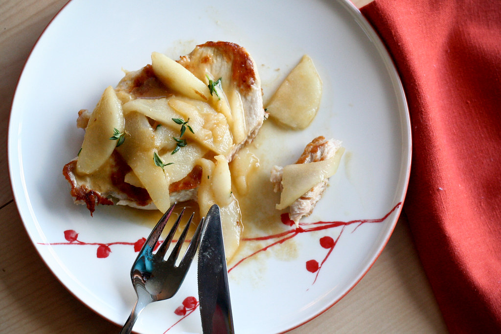Pork Chops with Whiskied Pears & Thyme