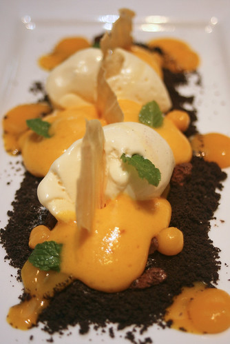 Deconstructed Mango - mango textures, white nougat ice cream, chocolate dust, yoghurt crisp