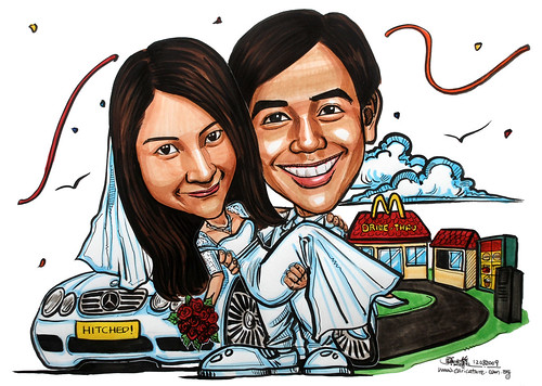 Wedding couple caricatures at McDonald's Drive-Thru