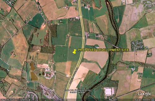site of proposed development on farmland outside Frederick, MD (image By Google Earth, marking by me)