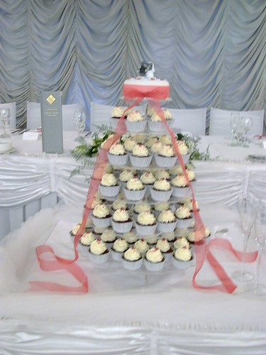 Wedding Cupcake Tower Red Velvet cupcakes and a mini red velvet cake on 