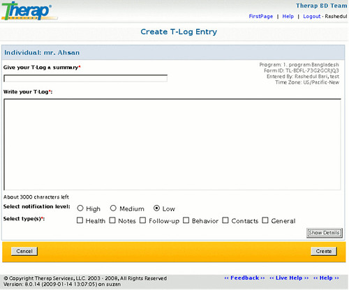 Screenshot of Create T-Log Entry page.