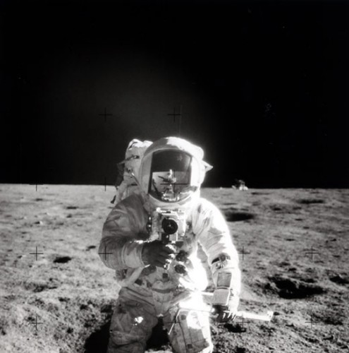 Astronaut, Core Tube, Lunar Module in Background