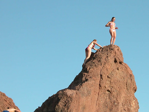 Girls In Bikinis Climbing Rocky Cliff & Jumping - Copper Canyon Boat Party - Lake Havasu, San Bernardino County, CA