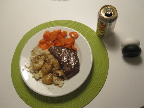 Steak, potato, carrots, Diet Coke