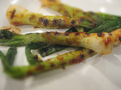 Griddled Spring Onions with Harissa