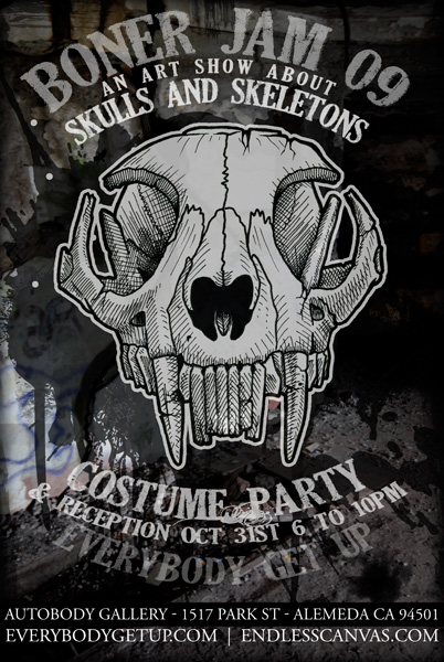 Boner Jams Skeleton and skull art show halloween. 