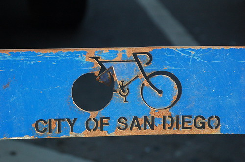 A rusted City of San Diego bike rack