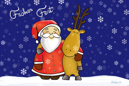 Der Weihnachtsmann und sein Freund, der Elch, wünschen Fröhliche Weihnachten
