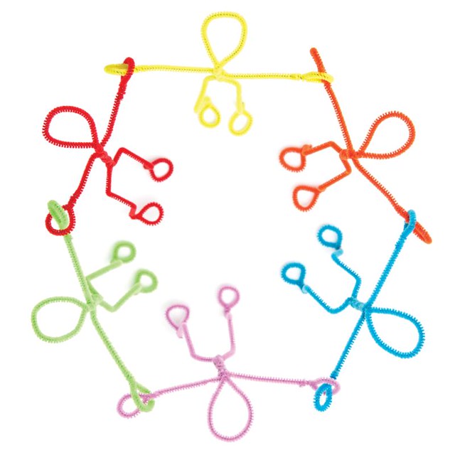 Colorful stick figures made of pipe cleaners holding hands in circle