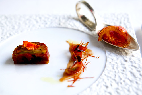 Heirloom Tomato Terrine with Micro Basil & Spicy Tomato Sorbet