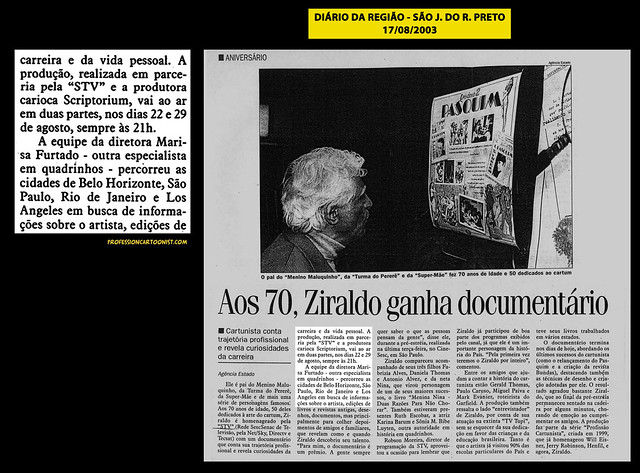 "Aos 70, Ziraldo ganha documentário" - Diário da Região - 17/08/2003