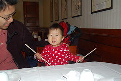 Aki drumming with chopsticks at dim sum