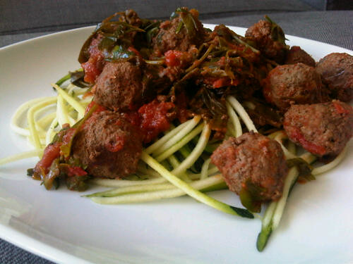 Meatballs in celery tomato sauce and zucchini noodles
