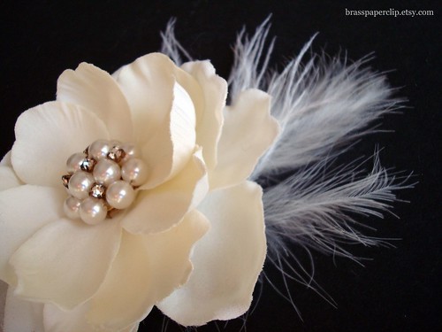 Ivory Magnolia with vintage pearl and rhinestone earring as centerpiece