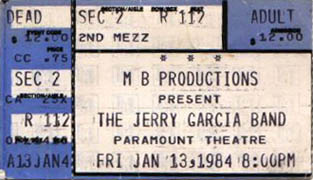 Jerry Garcia Band ticket for 1/13/84 Paramount Northwest Theatre, Seattle, Washington [from: www.psilo.com]