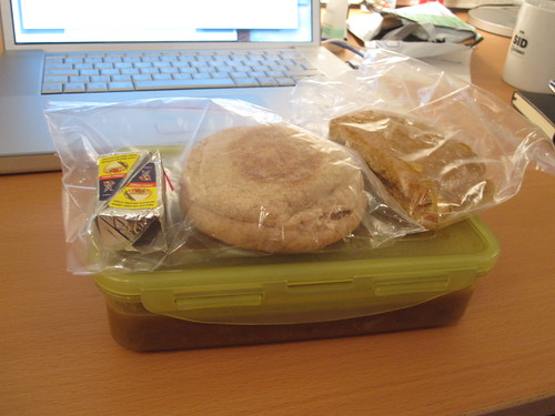 Broad bean soup, english muffin, cheese and lemon bar - from groceries