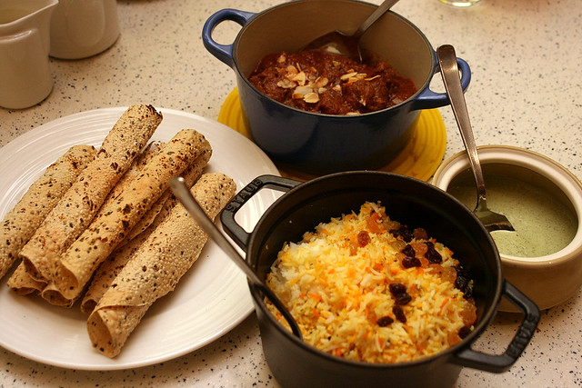 Rogan Josh, pilaf rice, peppery papadum and mint sauce