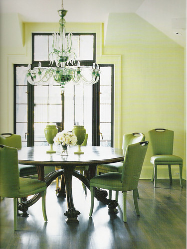 Green dining room: Round table + green upholstered chairs + pale ...