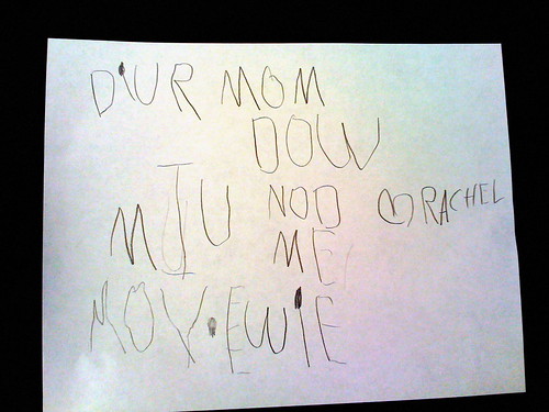 Letter to mom from Rachel - asking to not interrupt her as she watches a movie on our iPod Touch