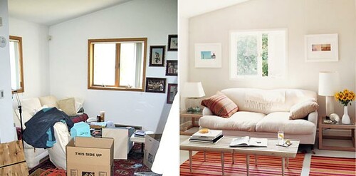 Ideas for small spaces: Before & after living room: White paint + colorful 