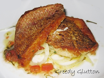 Pan Fried Red Snapper, served with shaved fennel and sauce vierge