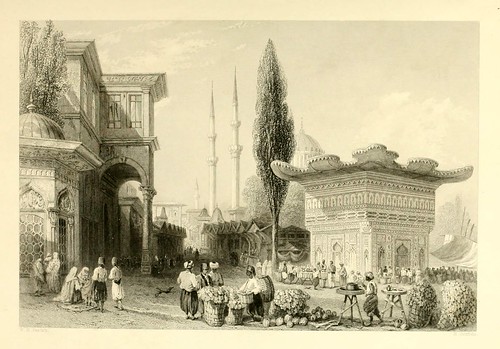 017- Fuente y mercado en Tophannè-Las bellezas del Bosforo 1838-W.H. Bartlett