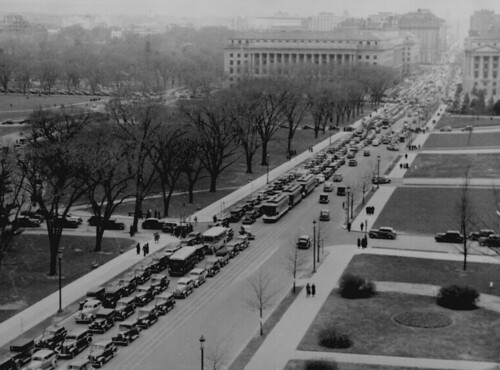 Aerial view of a traffic jam, 14th Street and the Mall, Washington, D.C.,