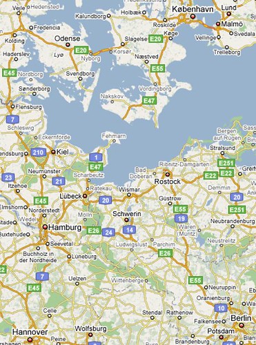 Map Copenhagen - Hanover via Hamburg