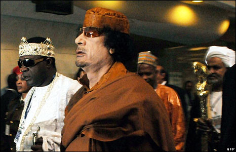 Libyan leader Gaddafi with traditional leaders at the African Union summit in Addis Ababa, Ethiopia. He was elected Chairperson of the African Union on February 2, 2009. Gaddafi has pledged to work towards realizing a continental government. by Pan-African News Wire File Photos