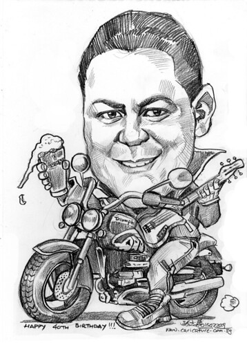 Caricature on Triumph bike + Guinness pint + electric guitar