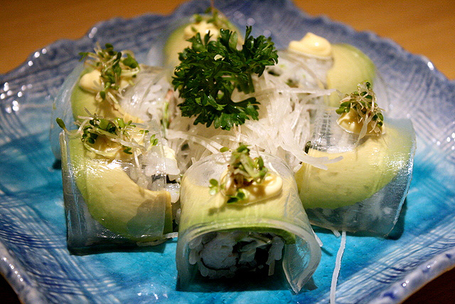 Beauty Roll S$14 - avocado, crabmeat, and the transparent jelly-like strip is collagen!